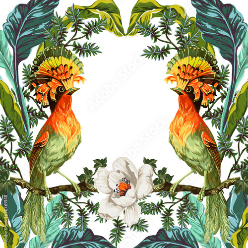 Bird of Paradise and exotic flowers 