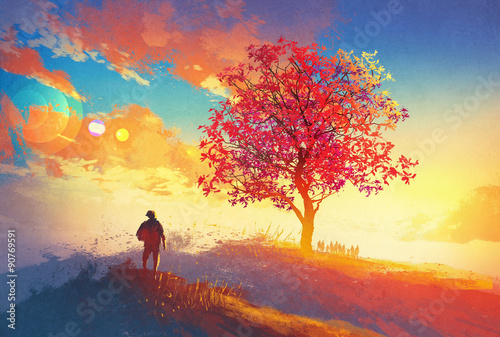 Obraz na plátně Podzimní krajina se samotným strom na hoře, návrat domů koncepce, ilustrace malb