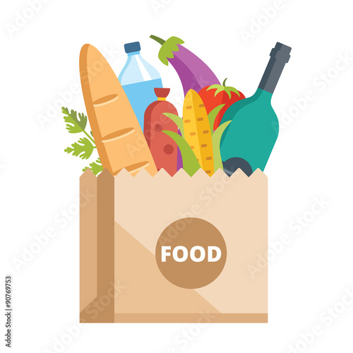 Paper bag full of food. Grocery delivery concept