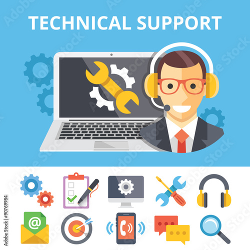 Technical support flat illustration and flat technical support icons set