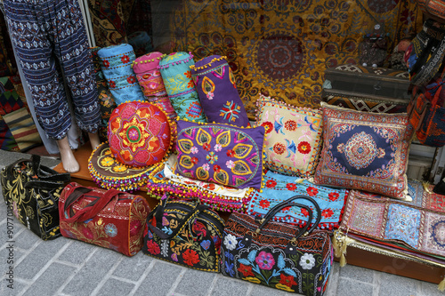 Colorful Turkish design cushions and bags in Istanbul, Turkey
