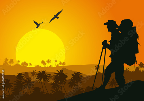 Sunset in the tropical mountains with silhouette of the tourist. Vector illustration.