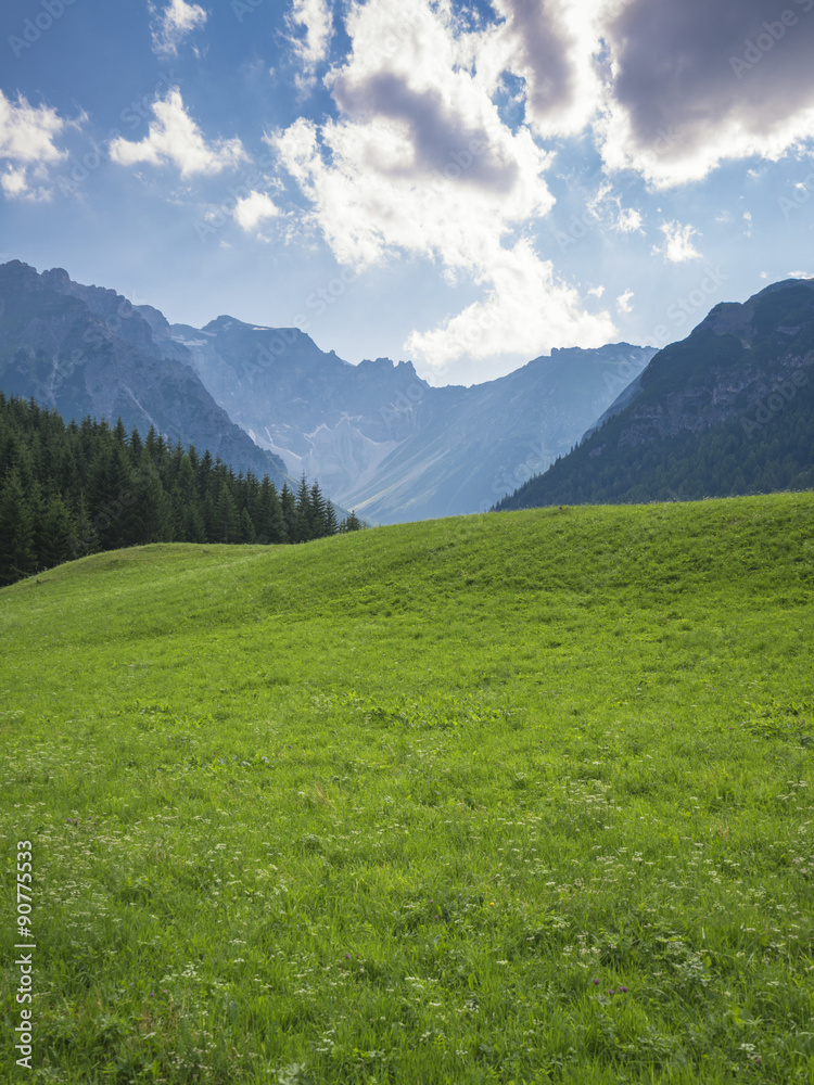 Obernberg am Brenner with austrian alps on background