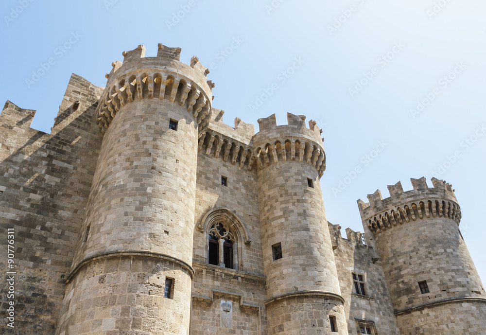 Front of the Grand Master of the Knights of Rhodes, a medieval castle of the Hospitaller Knights on the island of Rhodes, Greece.
