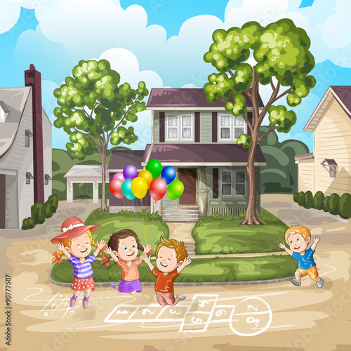 Children playing on the driveway in front of house