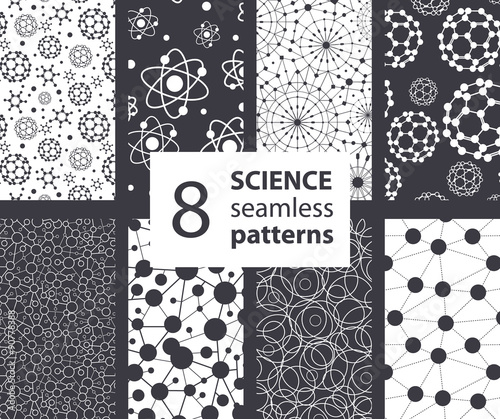 Vector Science Molecules Textures 8 Set Seamless Patterns. Atoms