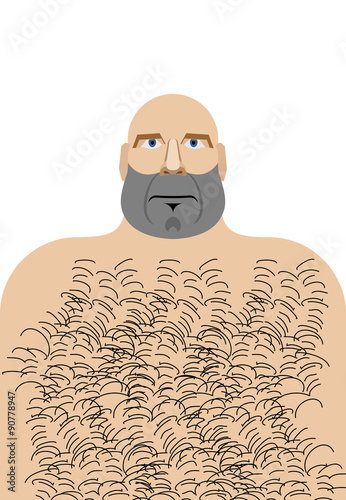 Man with bald head. Hillbilly with hairy chest. Vector illustrat