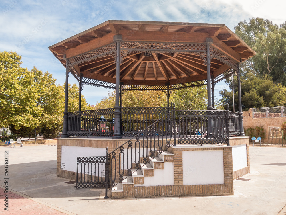 Ornate traditional bandstand in Plaza de Espana, Ayamonte, Huelva, Andalucia.