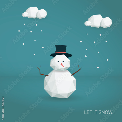 Christmas card vector template. Low poly 3d snowman and clouds