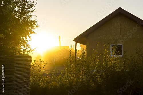Vivid sundown light in village
