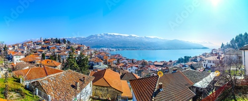 aerial view of a coast in macedonian city ohrid which is included in unesco world heritage risk.