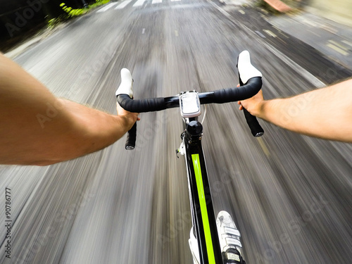 Going Down with Bicycle on the Road. pov, original point of view