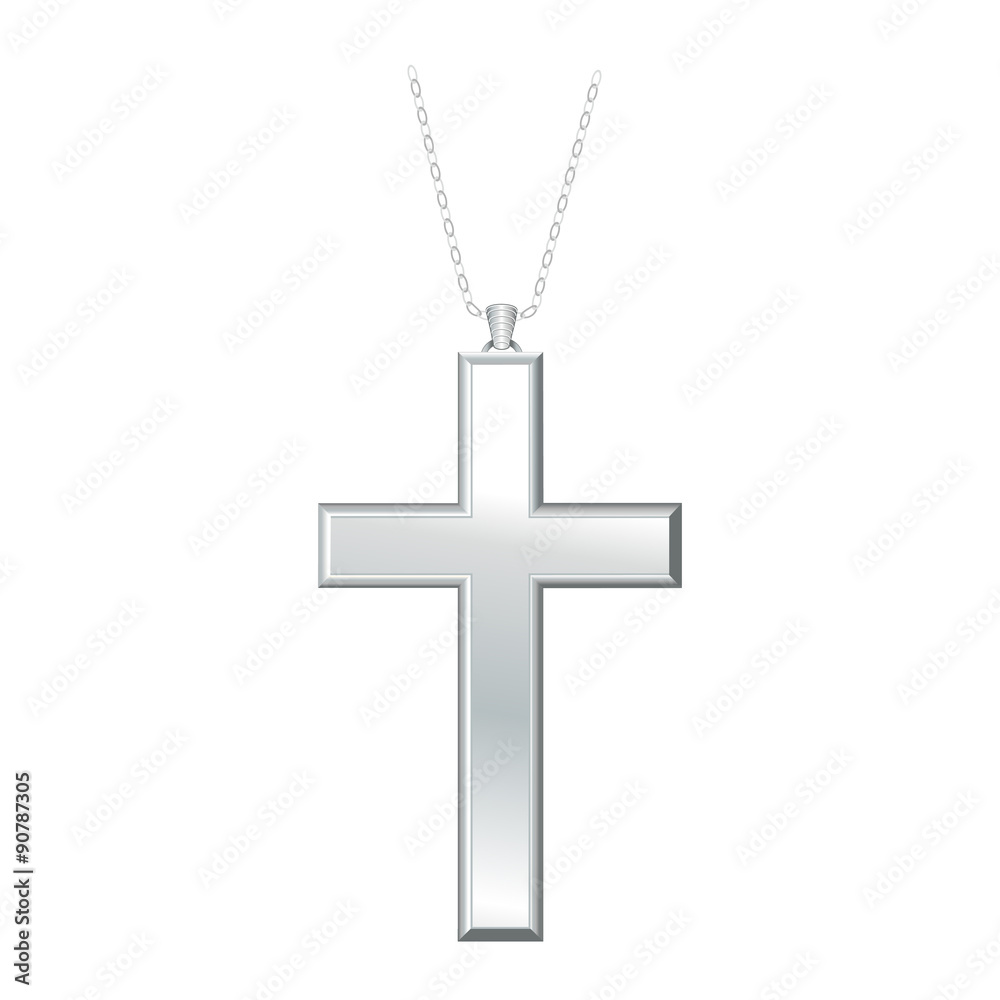Silver Christian Cross with necklace chain, jewelry crucifix isolated on a white background.
