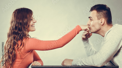 Fotografie Man husband kissing woman hand. Love couple.