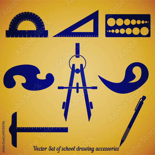 Set vector dark blue icons of drawing accessories