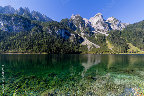 Beautiful landscape of mountains and lake on summertime, Gosausee lake, Alps, Austria, Europe.