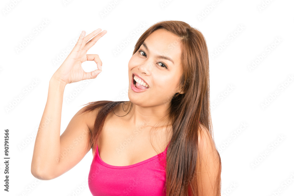 Half Asian Female OK Hand Sign Fun Smiling Half Asian Female OK Hand Sign Fun Smiling