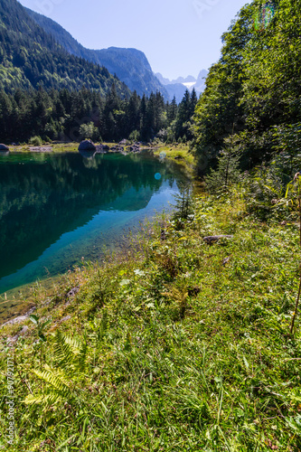 Beautiful landscape of alpine lake with crystal clear green water and mountains in background, Gosausee, Austria © daliu