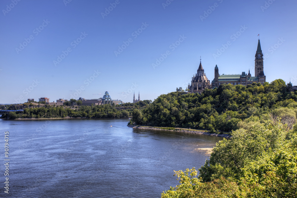 Canada's Parliament buildings seen above the Ottawa River
