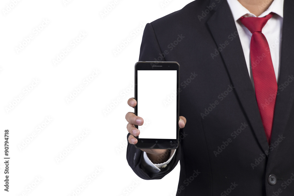 business man holding in hands smartphone on white background business man holding in hands smartphone on white background