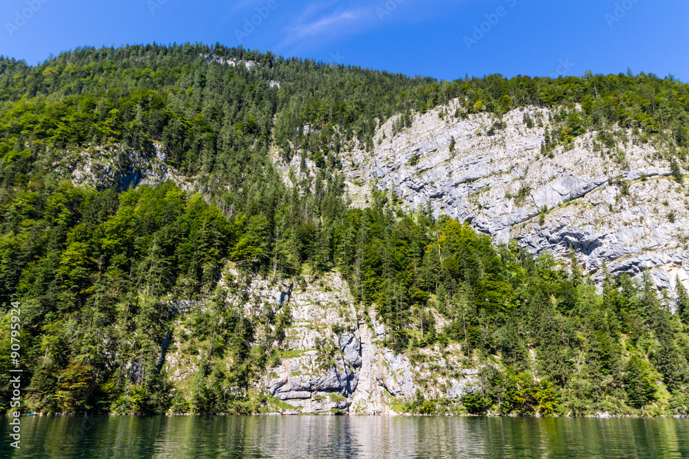 Fototapeta premium Alpine mountain lake Obersee in Summer, Konigsee National Park, Bayern, Germany 