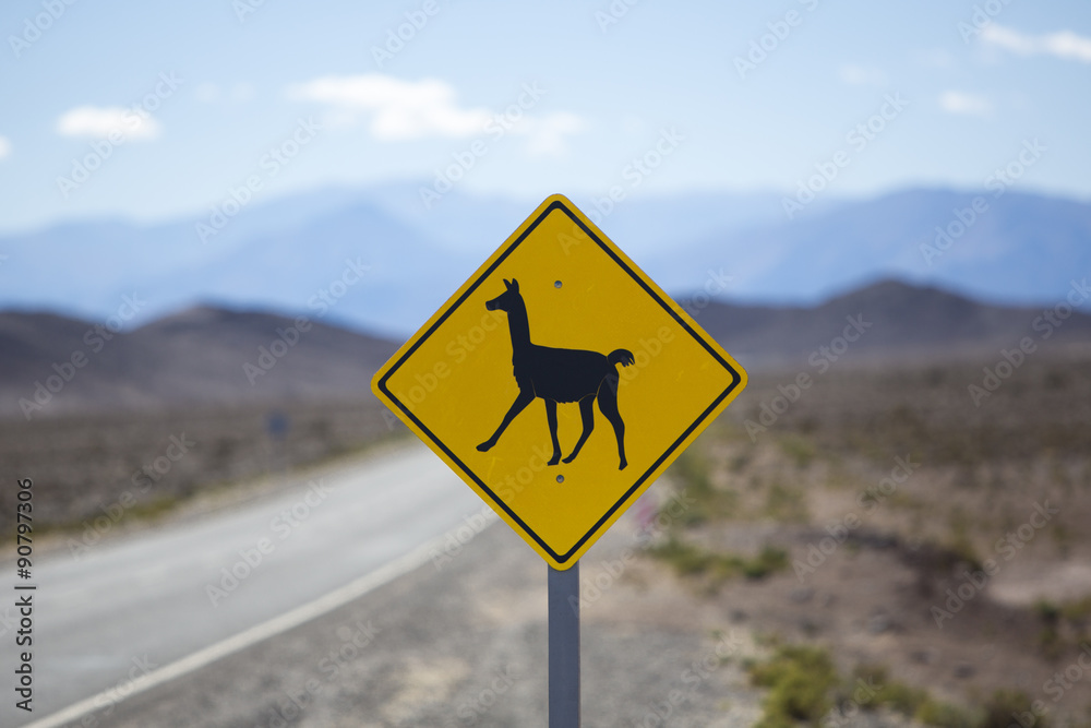 Llama road sign in Argentina, Andes, South America