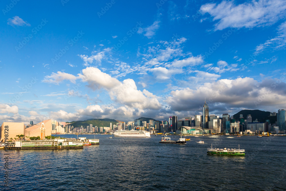 Cruise and Ferry in Victoria Harbor of Hong Kong