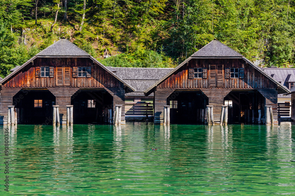 The dock by lake Obersee, Konigsee National Park, Bayern, Germany The dock by lake Obersee, Konigsee National Park, Bayern, Germany