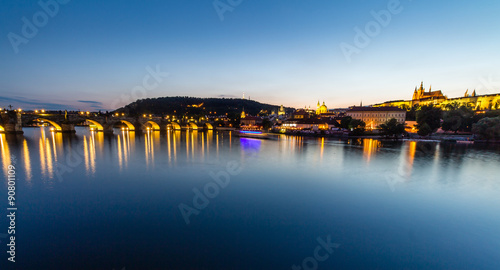 Prague, Czech Republic. Night photo of Charles Bridge, Castle and historical buildings