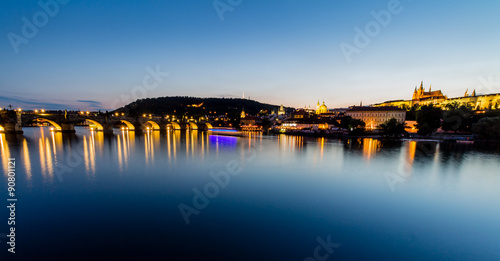Prague, Czech Republic. Night photo of Charles Bridge, Castle and historical buildings © daliu