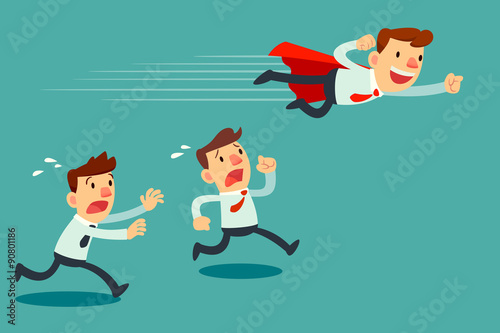 businessman with red cape fly pass his competitor