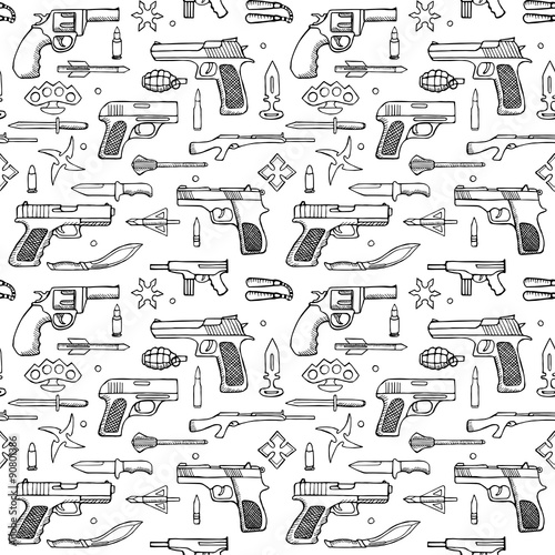 Seamless hand drawn doodle pattern with guns