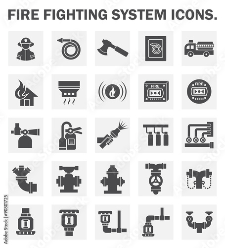 Firefighting system, equipment vector icon i.e. alarm, sprinkler, hose, extinguisher, firefighter or fireman for emergency, rescue, fire suppression by water, chemical. To safety, protection building.