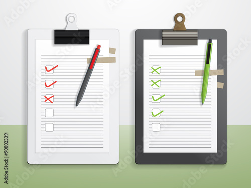 Yes No check mark sign on check list clipboard and pen in retro style