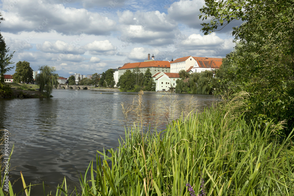 Obraz premium Colorful medieval Town Pisek above the river Otava, Czech Republic