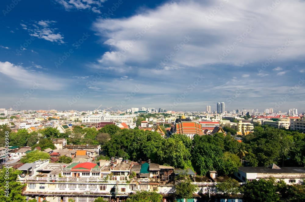 Aerial view of Bangkok from Golden Mount and part of Wat Saket, Bangkok, Thailand.