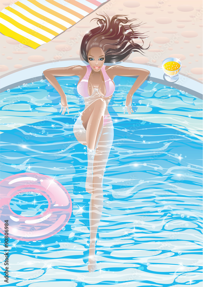 Sexy tanned blue-eyed young elegant glamor girl brunette with long hair in a pink bathing pool on a hot sunny summer day rest sitting in the swimming pool and the view from above Cocktail drinks