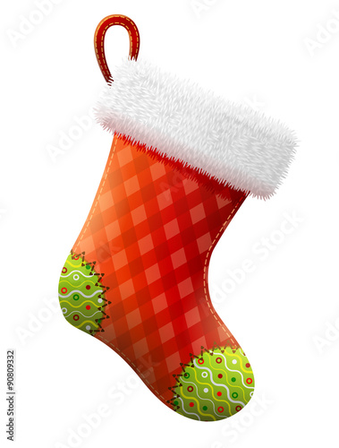 Empty christmas stocking with fur and patches isolated on white