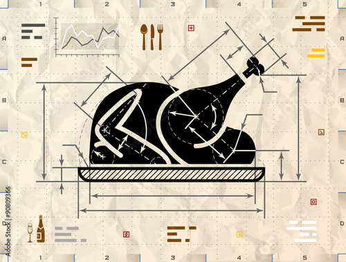 Whole turkey as technical blueprint drawing on crumpled paper