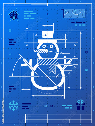 Christmas snowman as blueprint drawing. Drafting of snowperson