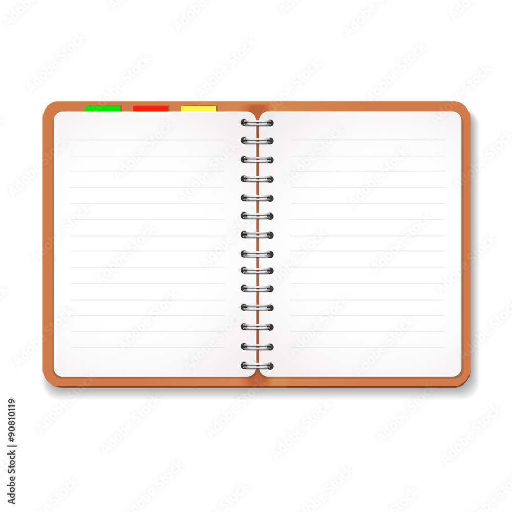 Illustration of a leather notebook with spiral, colorful tabs Illustration of a leather notebook with spiral, colorful tabs