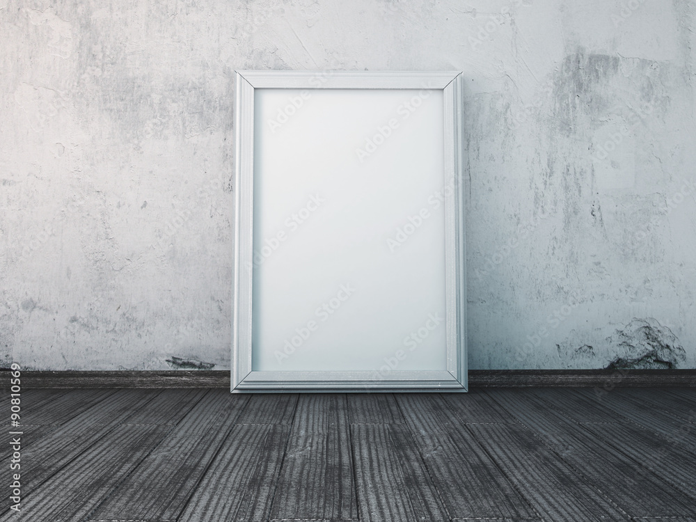 mock up picture in the frame, standing on a wooden floor in the interior