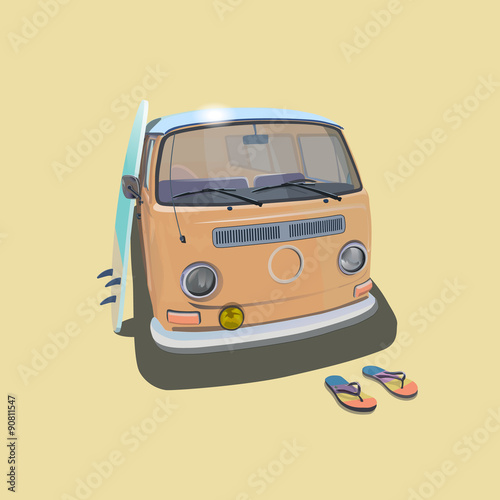 Surfer van beach poster for t-shirt graphics. Transportation and