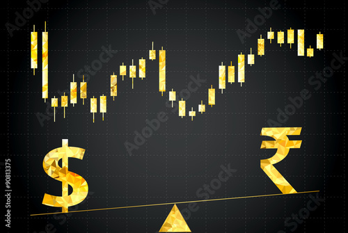 Symbols of dollar and rupee on scales.In the background forex chart.