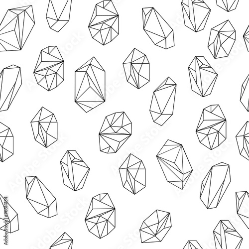 Black and white crystals minerals rocks vector seamless pattern