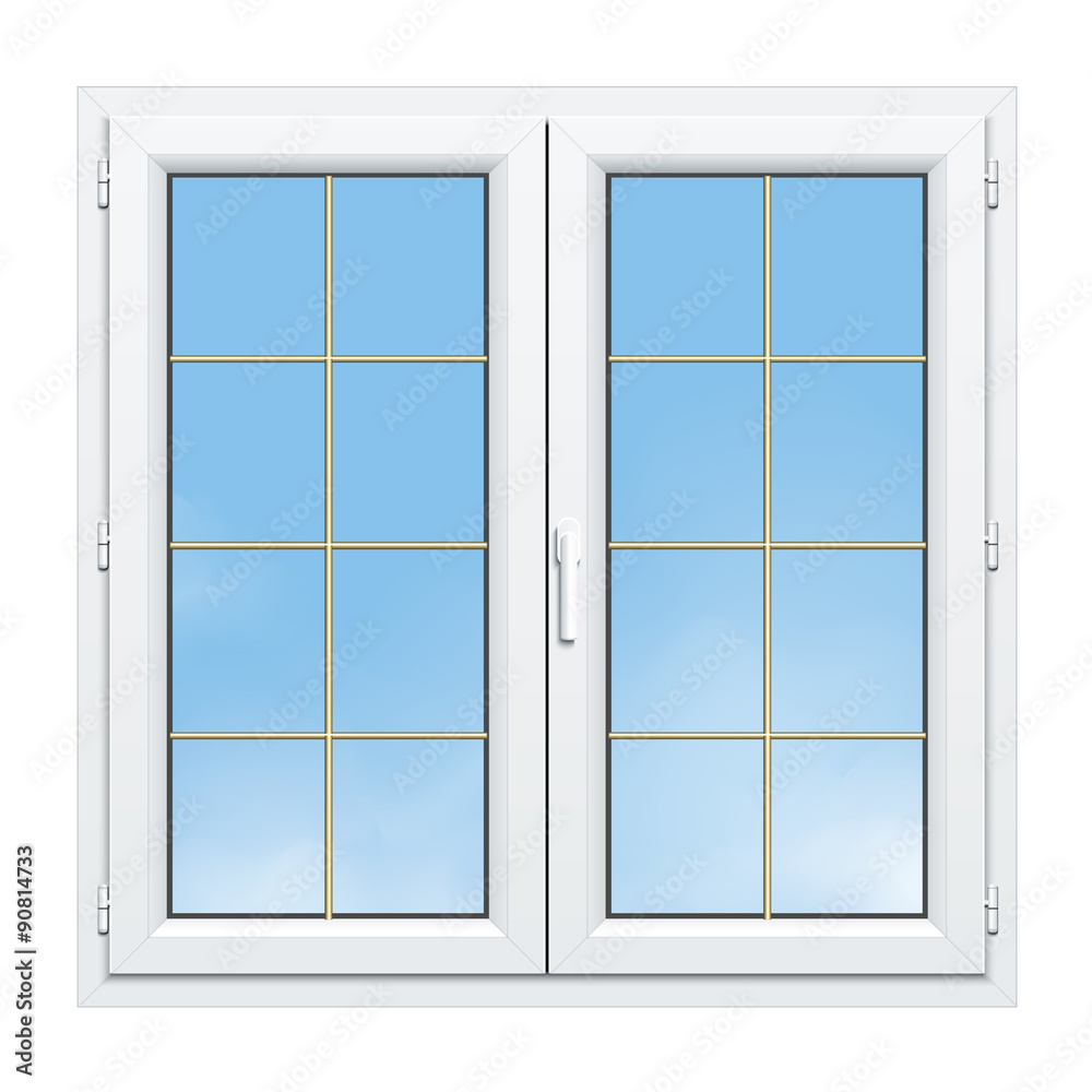 Vecteur Stock Fenêtre PVC 2 vantaux avec croisillons laiton | Adobe Stock
