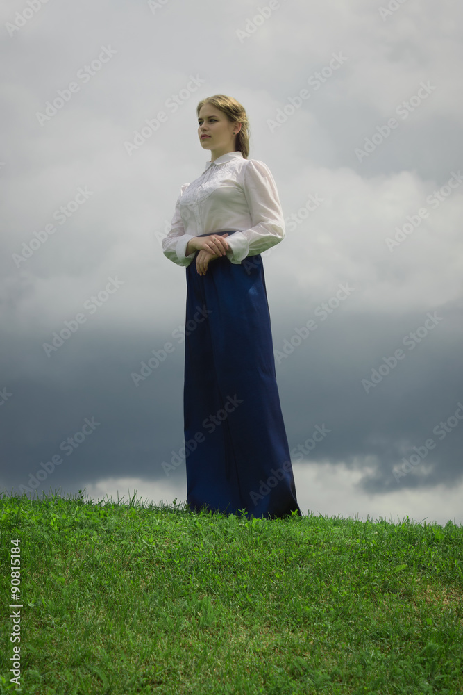 Russian woman in retro style posing in summer day