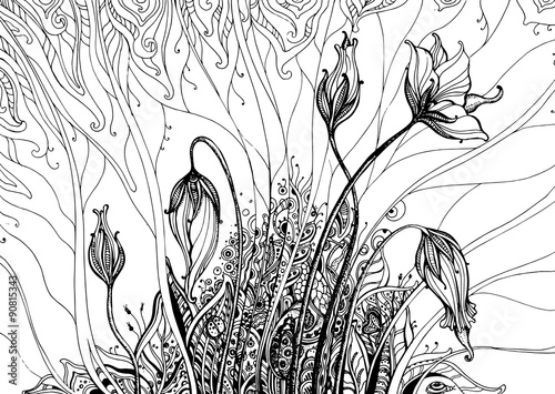 Hand drawn vector illustration with doodle fancy flowers.