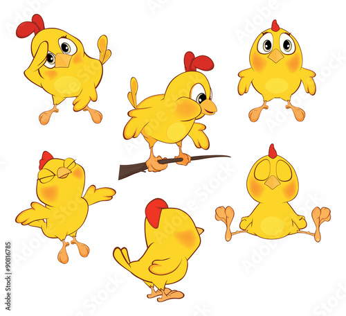illustration of a set of cute cartoon yellow chickens 