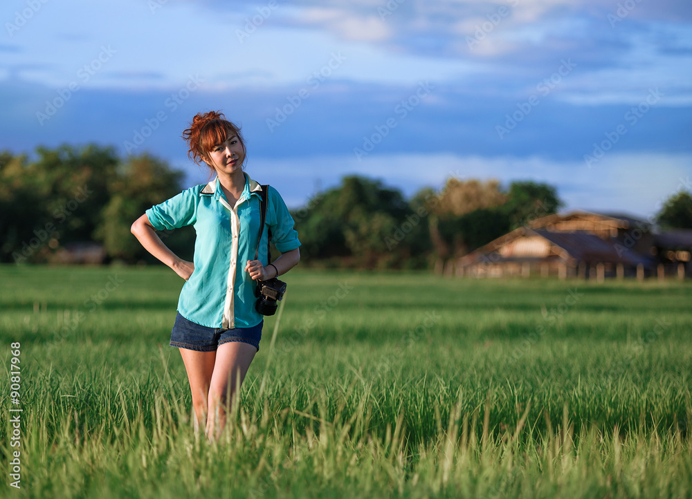 Happiness woman stay outdoor under sunlight Happiness woman stay outdoor under sunlight